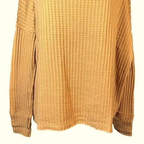 Free People Juicy Long Sleeve Cowl Neck Waffle Knit Split Back Top Mustard Sweat - Picture 13 of 16
